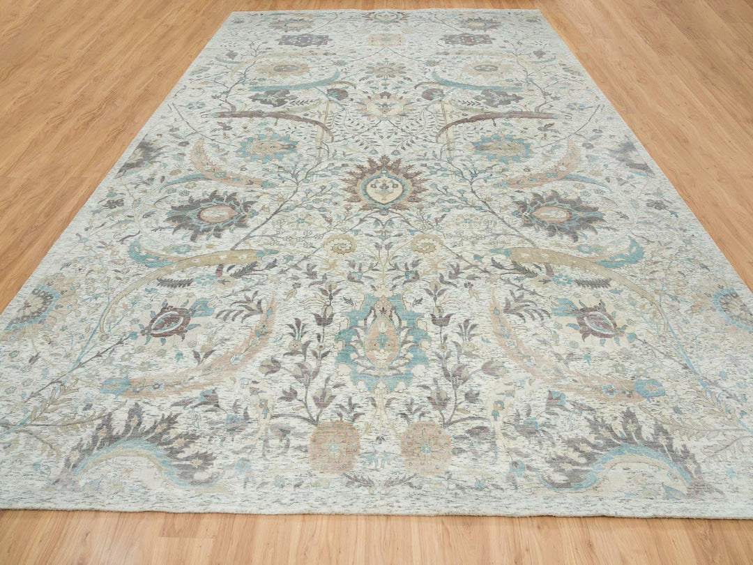 12'1" x 18'0" New Hand Knotted Ivory Wool & Silk Rectangle Oriental Rug - MOA10265178
