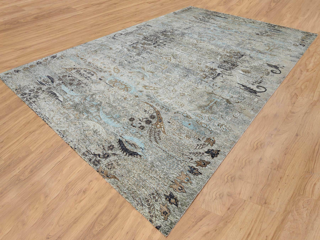 11'9" x 18'1" New Hand Knotted Grey Wool & Silk Rectangle Oriental Rug - MOA10265179