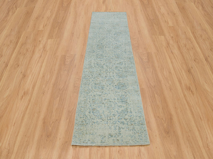2'6" x 10'0" New Hand Loomed Blue Wool & Silk Runner Oriental Rug - MOA10265192