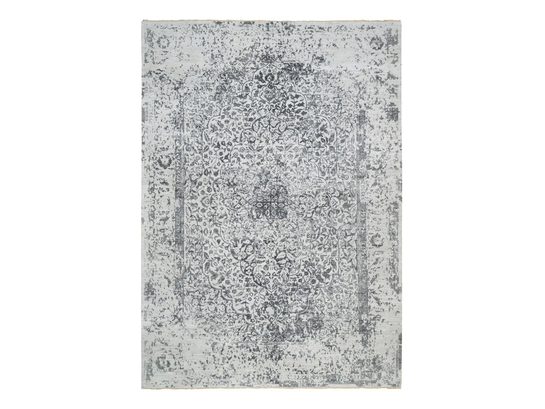 9'10" x 14'0" New Hand Knotted Grey Wool & Silk Rectangle Oriental Rug - MOA10265206