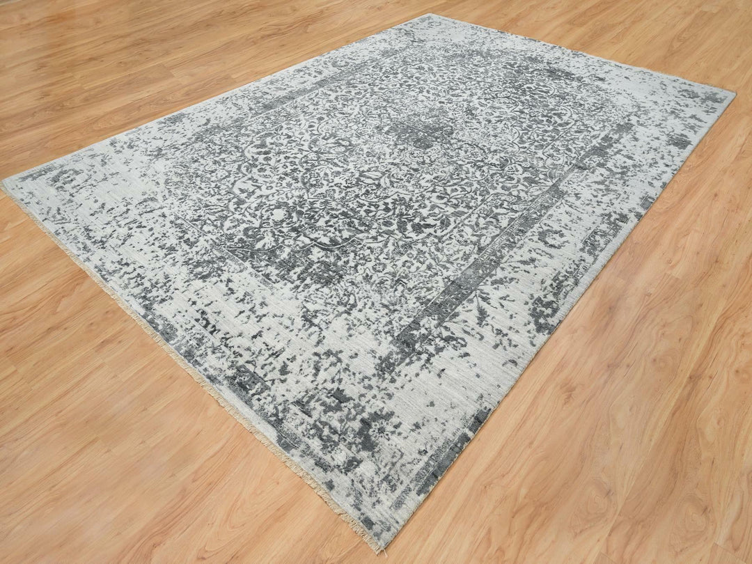 9'10" x 14'0" New Hand Knotted Grey Wool & Silk Rectangle Oriental Rug - MOA10265206