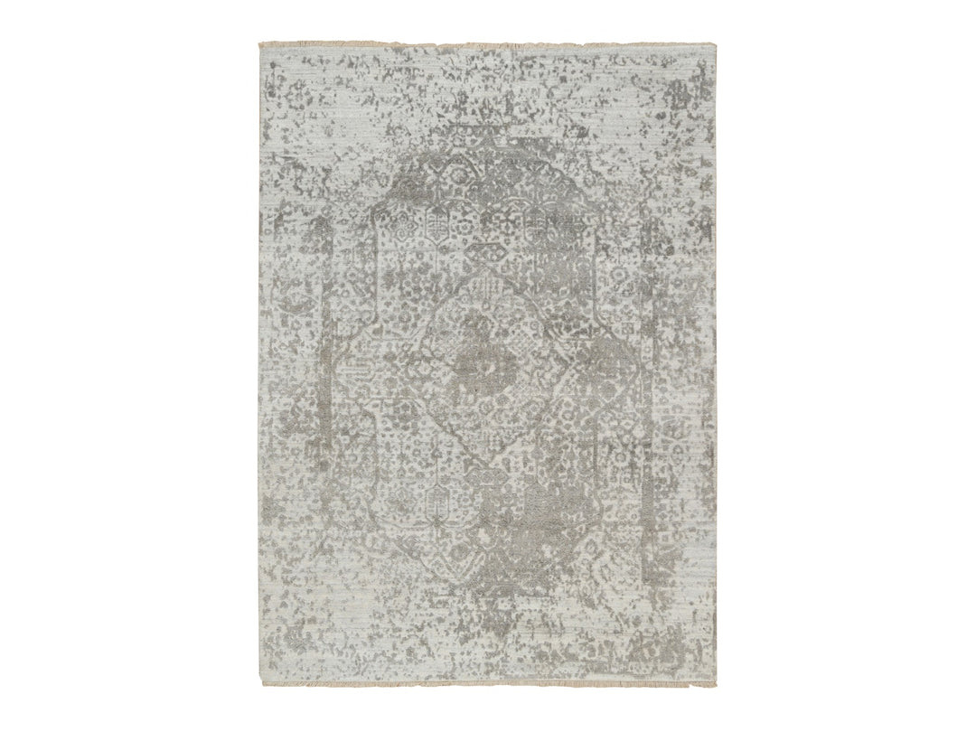 5'1" x 7'0" New Hand Knotted Grey Wool & Silk Rectangle Oriental Rug - MOA10265209