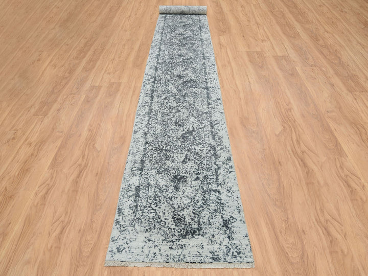 2'8" x 20'0" New Hand Knotted Grey Wool & Silk Runner Oriental Rug - MOA10265214