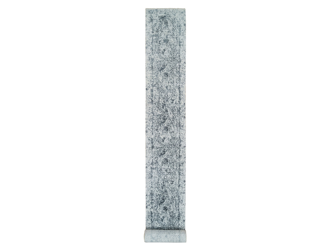 2'7" x 25'8" New Hand Knotted Grey Wool & Silk Runner Oriental Rug - MOA10265215
