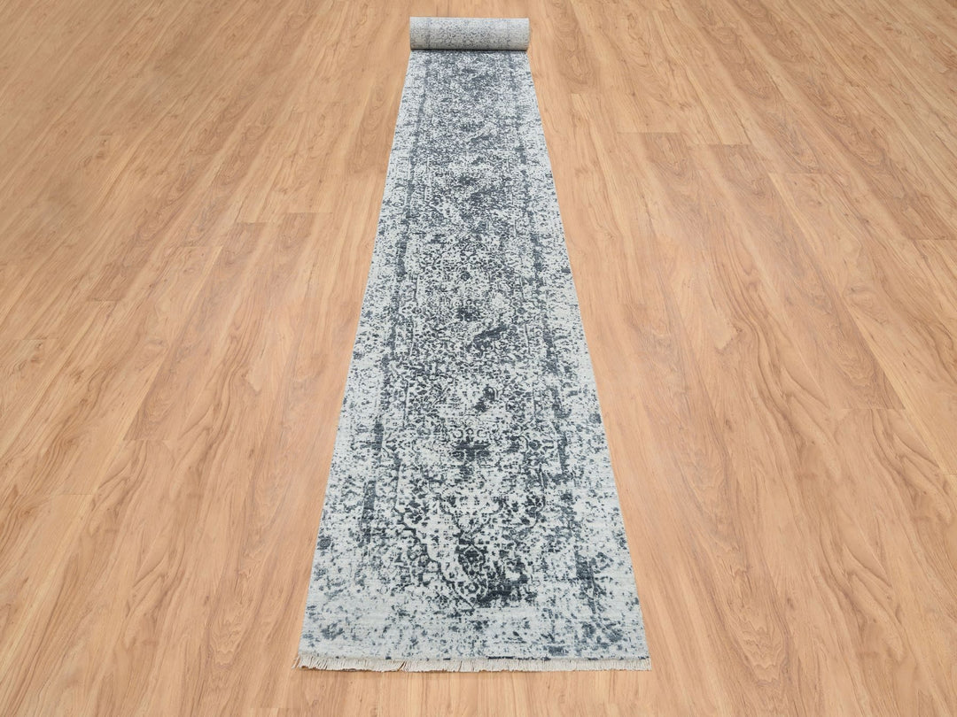 2'7" x 25'8" New Hand Knotted Grey Wool & Silk Runner Oriental Rug - MOA10265215