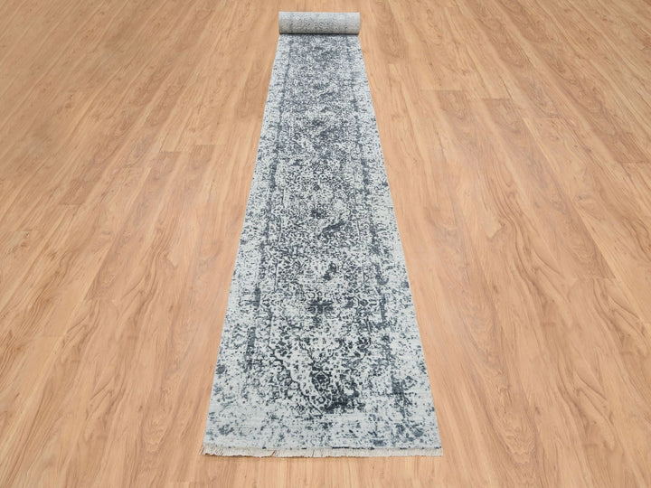 2'7" x 25'8" New Hand Knotted Grey Wool & Silk Runner Oriental Rug - MOA10265215