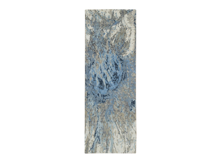 2'7" x 8'1" New Hand Knotted Blue Wool & Silk Runner Oriental Rug - MOA10265216