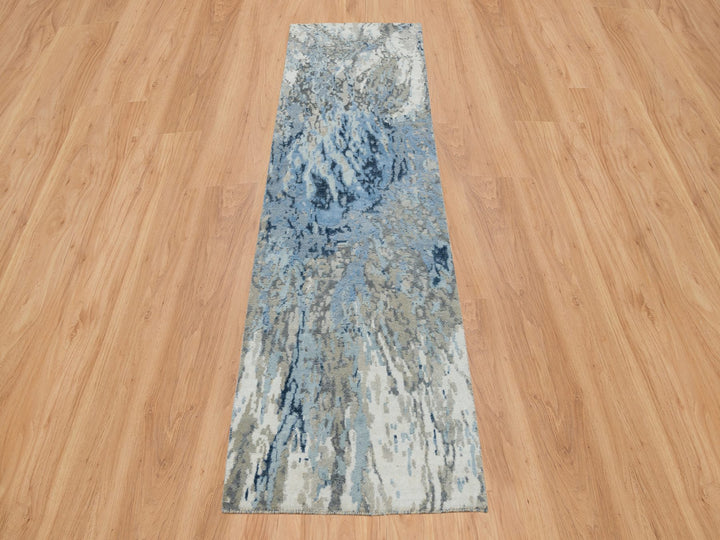 2'7" x 8'1" New Hand Knotted Blue Wool & Silk Runner Oriental Rug - MOA10265216