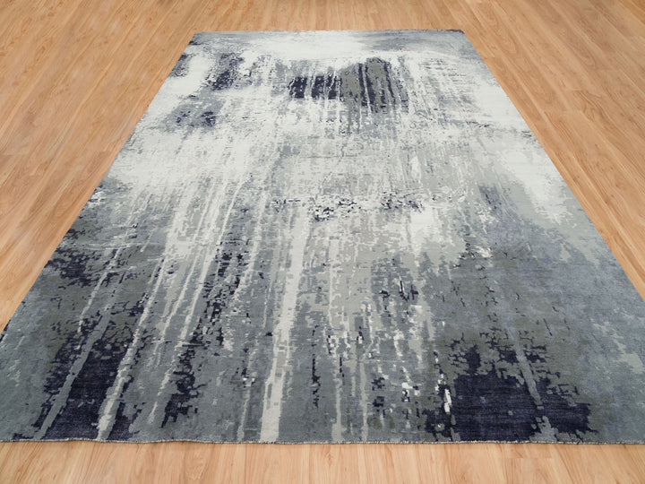 10'1" x 14'1" New Hand Knotted Black Wool & Silk Rectangle Oriental Rug - MOA10265220