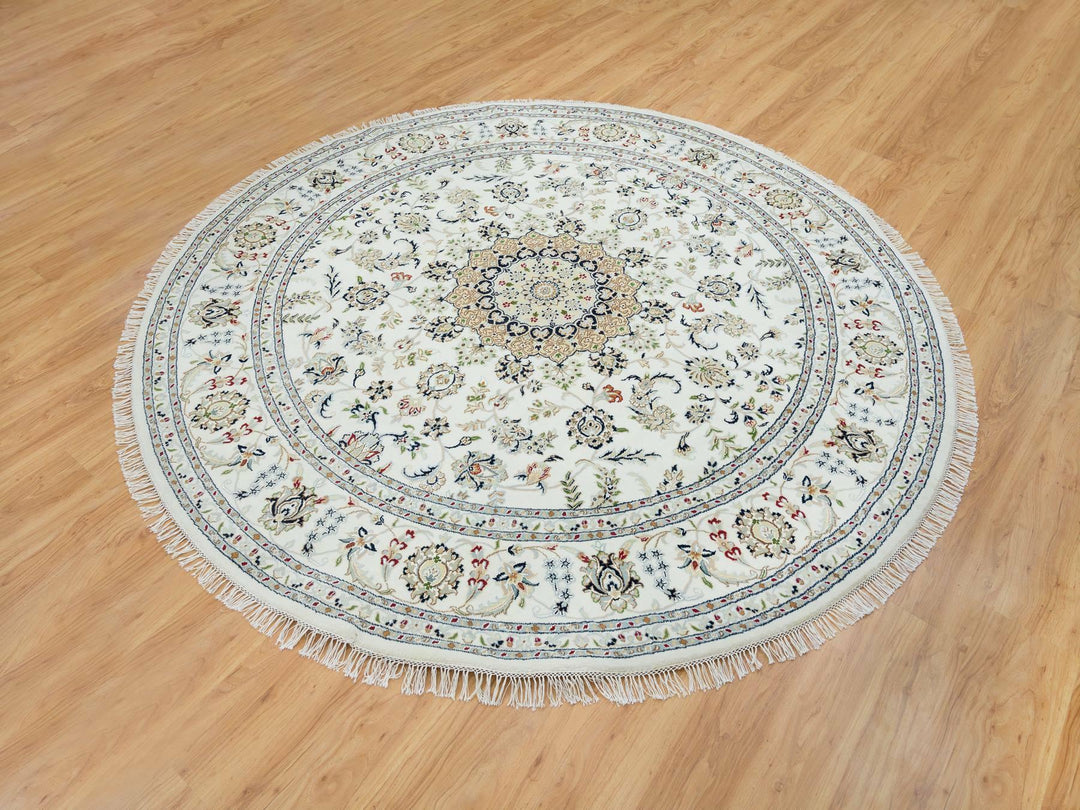 7'10" x 7'10" New Hand Knotted Ivory Wool Round Oriental Rug - MOA10265298