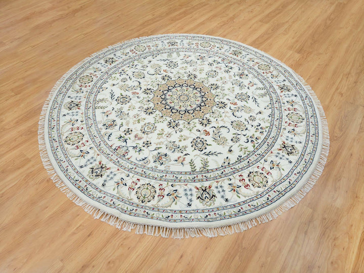 7'10" x 7'10" New Hand Knotted Ivory Wool Round Oriental Rug - MOA10265298