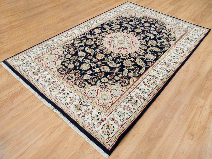 6'0" x 9'0" New Hand Knotted Blue Wool Rectangle Oriental Rug - MOA10265301