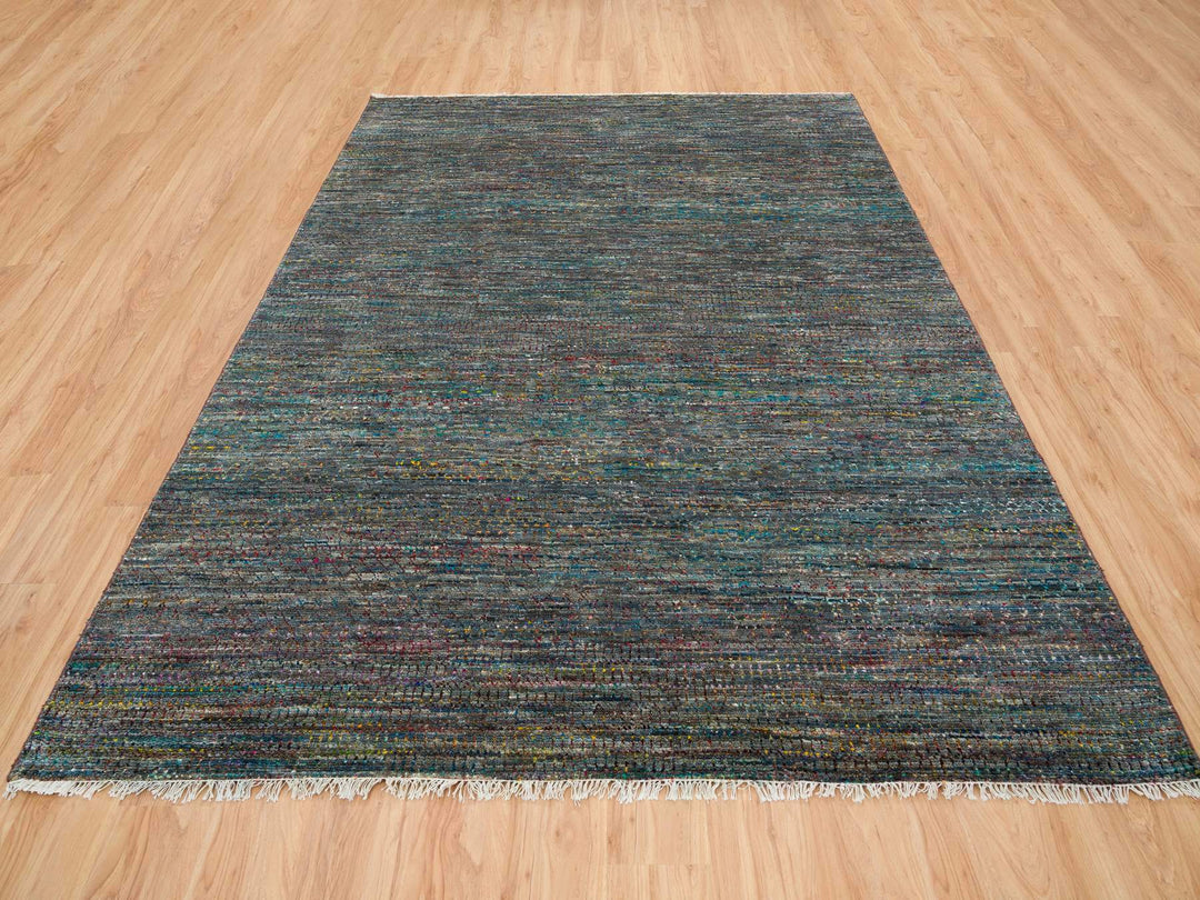 8'0" x 10'2" New Hand Knotted Grey Wool & Sari Silk Rectangle Oriental Rug - MOA10265415
