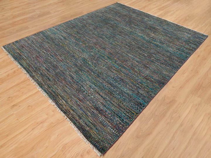 8'0" x 10'2" New Hand Knotted Grey Wool & Sari Silk Rectangle Oriental Rug - MOA10265415