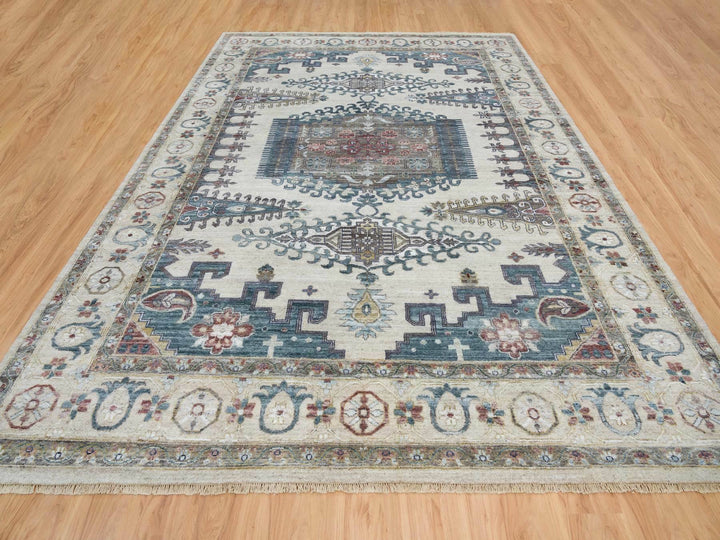 9'10" x 13'10" New Hand Knotted Ivory Wool Rectangle Oriental Rug - MOA10265434