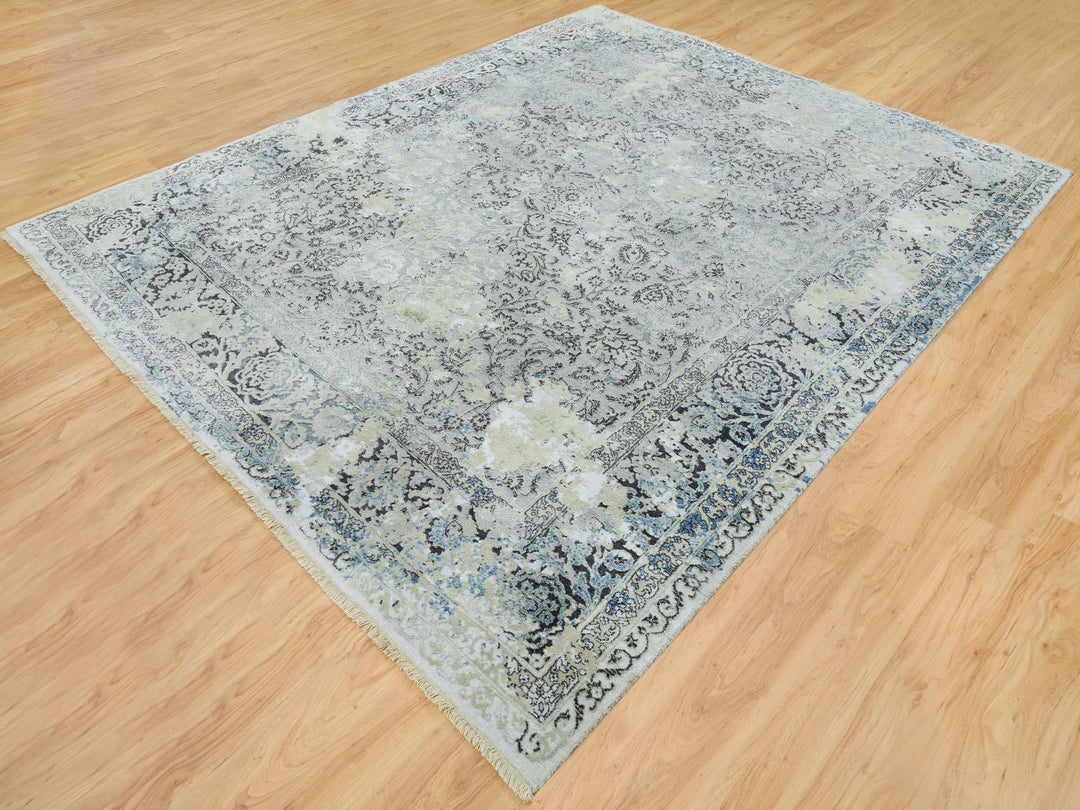 8'0" x 10'0" New Hand Knotted Grey Wool & Silk Rectangle Oriental Rug - MOA10265443