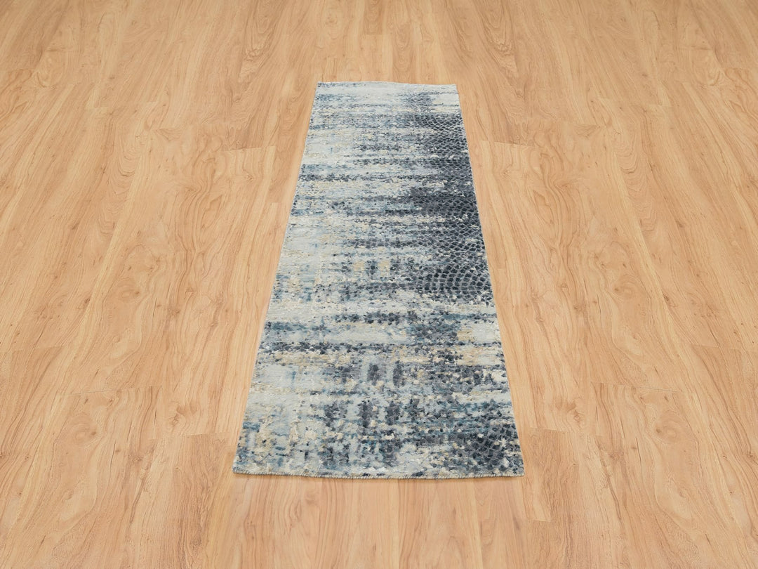 2'6" x 7'9" New Hand Knotted Blue Wool & Silk Runner Oriental Rug - MOA10265450