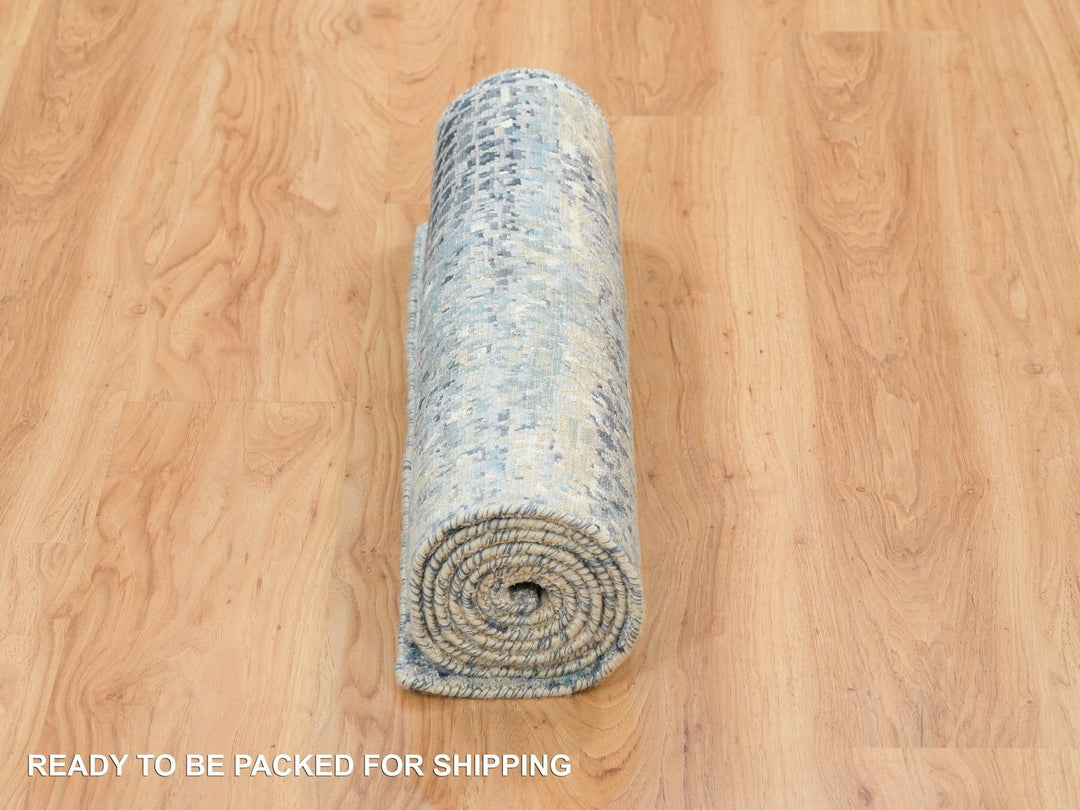 2'6" x 7'9" New Hand Knotted Blue Wool & Silk Runner Oriental Rug - MOA10265450