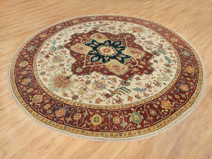 10'0" x 10'0" New Hand Knotted Ivory Wool Round Oriental Rug - MOA10265517