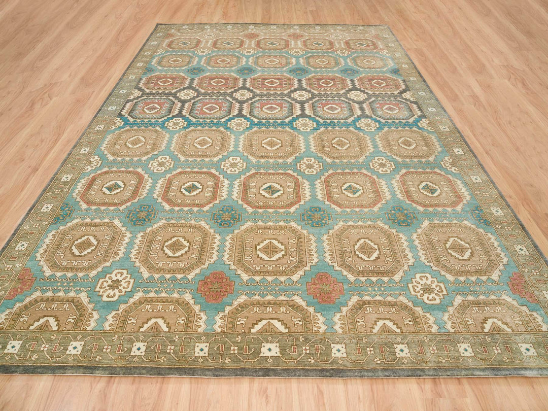 10'0" x 14'0" New Hand Knotted Green Wool Rectangle Oriental Rug - MOA10265539