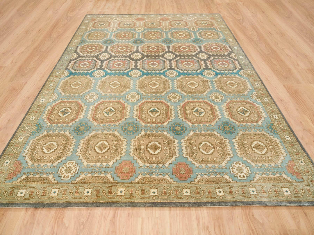 9'1" x 12'1" New Hand Knotted Green Wool Rectangle Oriental Rug - MOA10265543