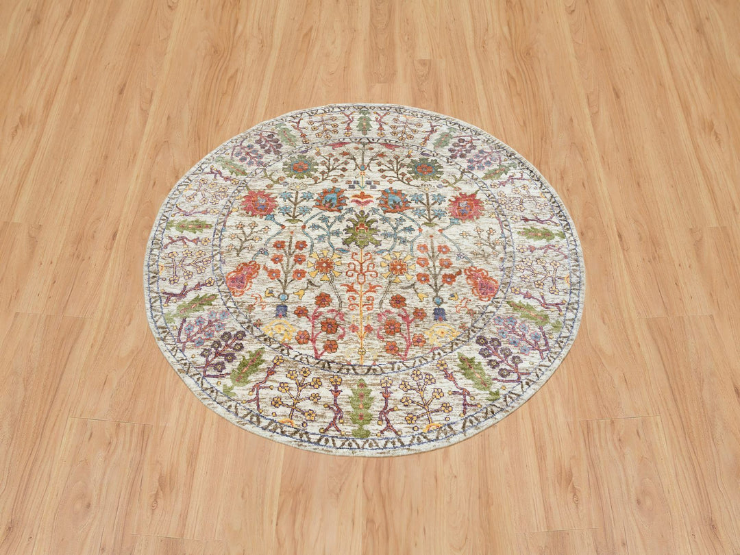 5'4" x 5'4" New Hand Knotted Beige Wool & Silk Round Oriental Rug - MOA10265548