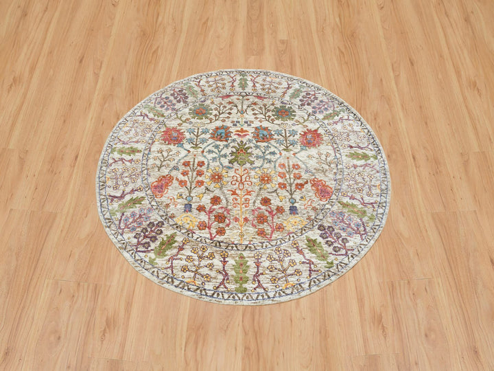 5'4" x 5'4" New Hand Knotted Beige Wool & Silk Round Oriental Rug - MOA10265548