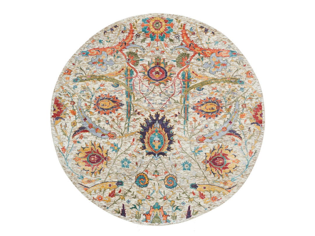 5'0" x 5'0" New Hand Knotted Beige Wool & Silk Round Oriental Rug - MOA10265549