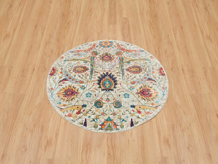 5'0" x 5'0" New Hand Knotted Beige Wool & Silk Round Oriental Rug - MOA10265549