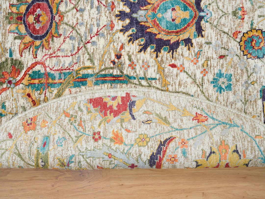 5'0" x 5'0" New Hand Knotted Beige Wool & Silk Round Oriental Rug - MOA10265549