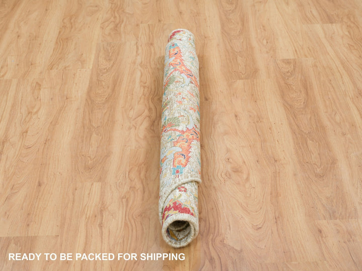 5'0" x 5'0" New Hand Knotted Ivory Wool & Silk Round Oriental Rug - MOA10265549