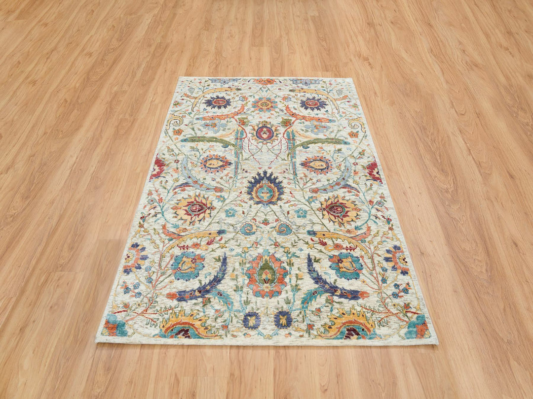 5'2" x 7'4" New Hand Knotted Beige Wool & Silk Rectangle Oriental Rug - MOA10265550