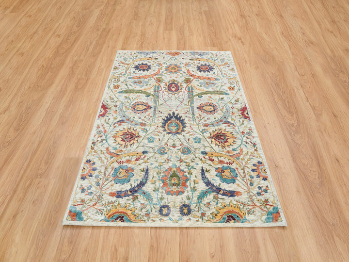 5'2" x 7'4" New Hand Knotted Beige Wool & Silk Rectangle Oriental Rug - MOA10265550