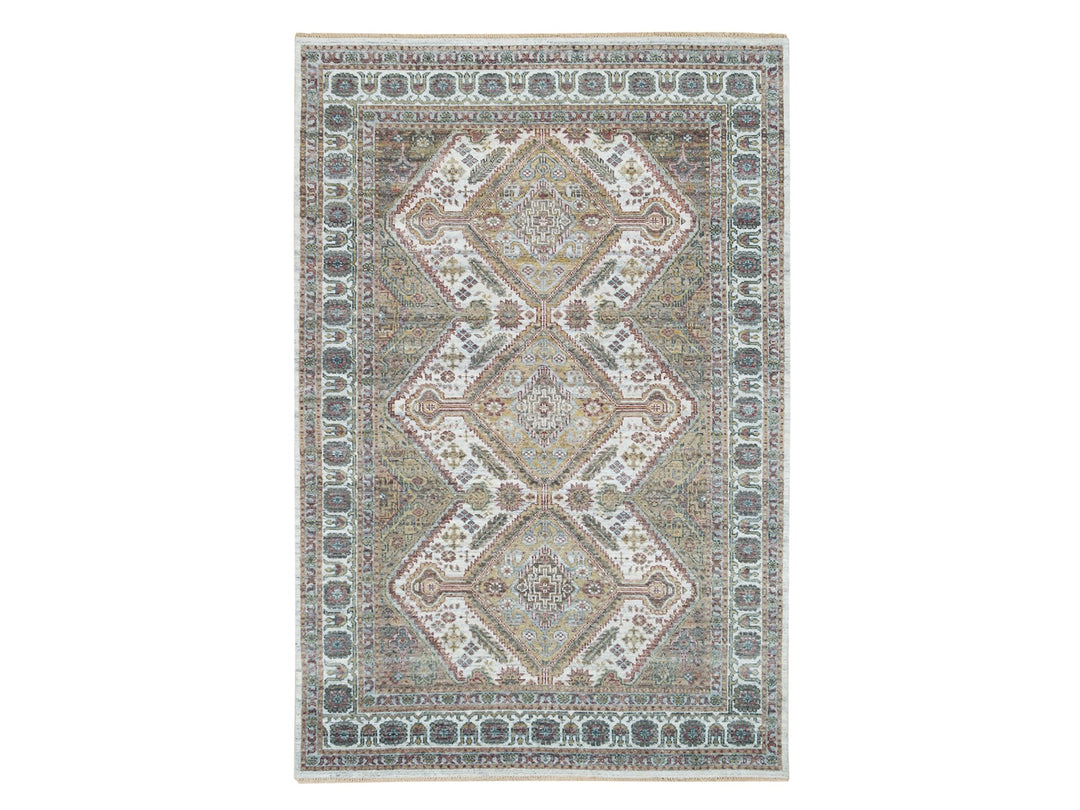 6'1" x 9'0" New Hand Knotted Ivory Wool Rectangle Oriental Rug - MOA10265577
