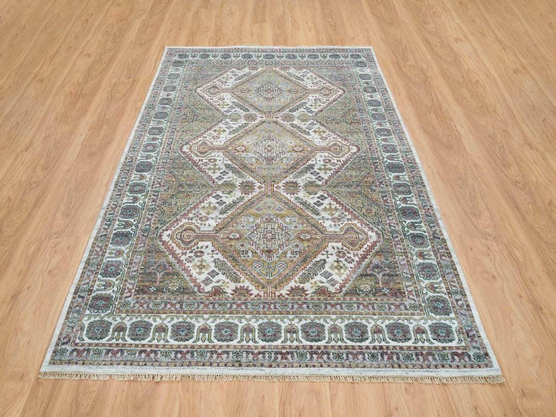 6'1" x 9'0" New Hand Knotted Ivory Wool Rectangle Oriental Rug - MOA10265577