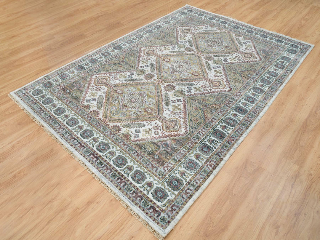 6'1" x 9'0" New Hand Knotted Ivory Wool Rectangle Oriental Rug - MOA10265577