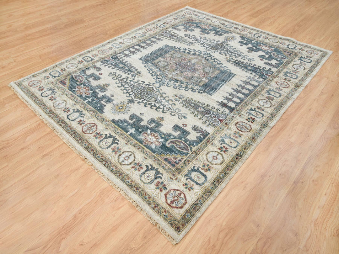 8'0" x 10'0" New Hand Knotted Ivory Wool Rectangle Oriental Rug - MOA10265584