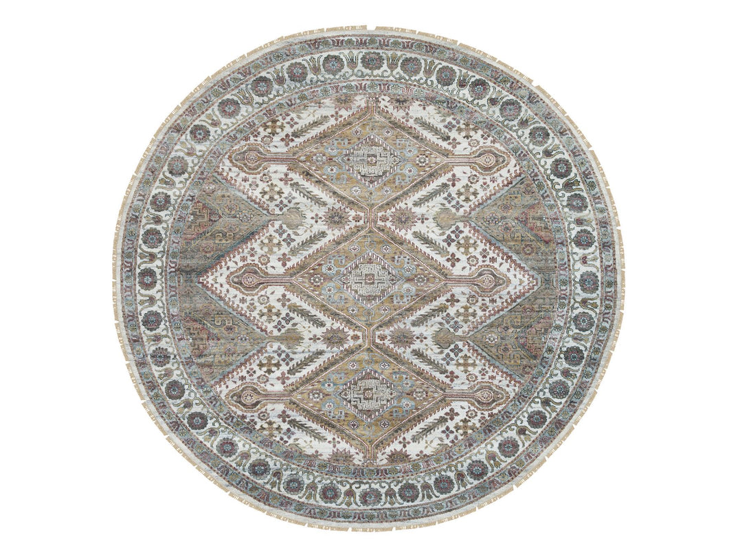 9'9" x 9'9" New Hand Knotted Ivory Wool Round Oriental Rug - MOA10265589