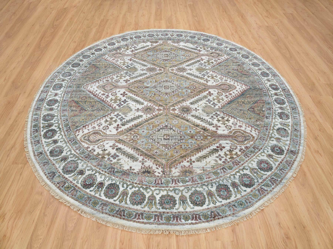 9'9" x 9'9" New Hand Knotted Ivory Wool Round Oriental Rug - MOA10265589