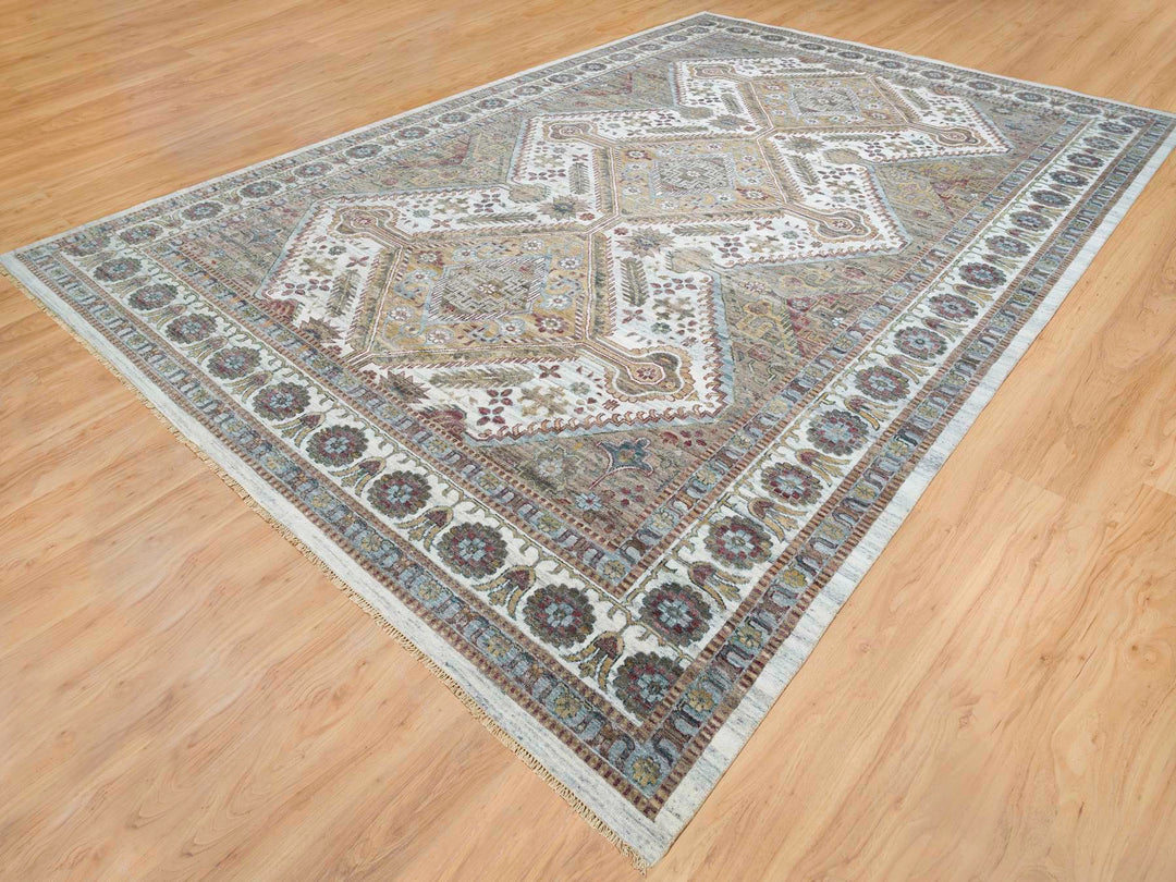 12'0" x 17'10" New Hand Knotted Ivory Wool Rectangle Oriental Rug - MOA10265621