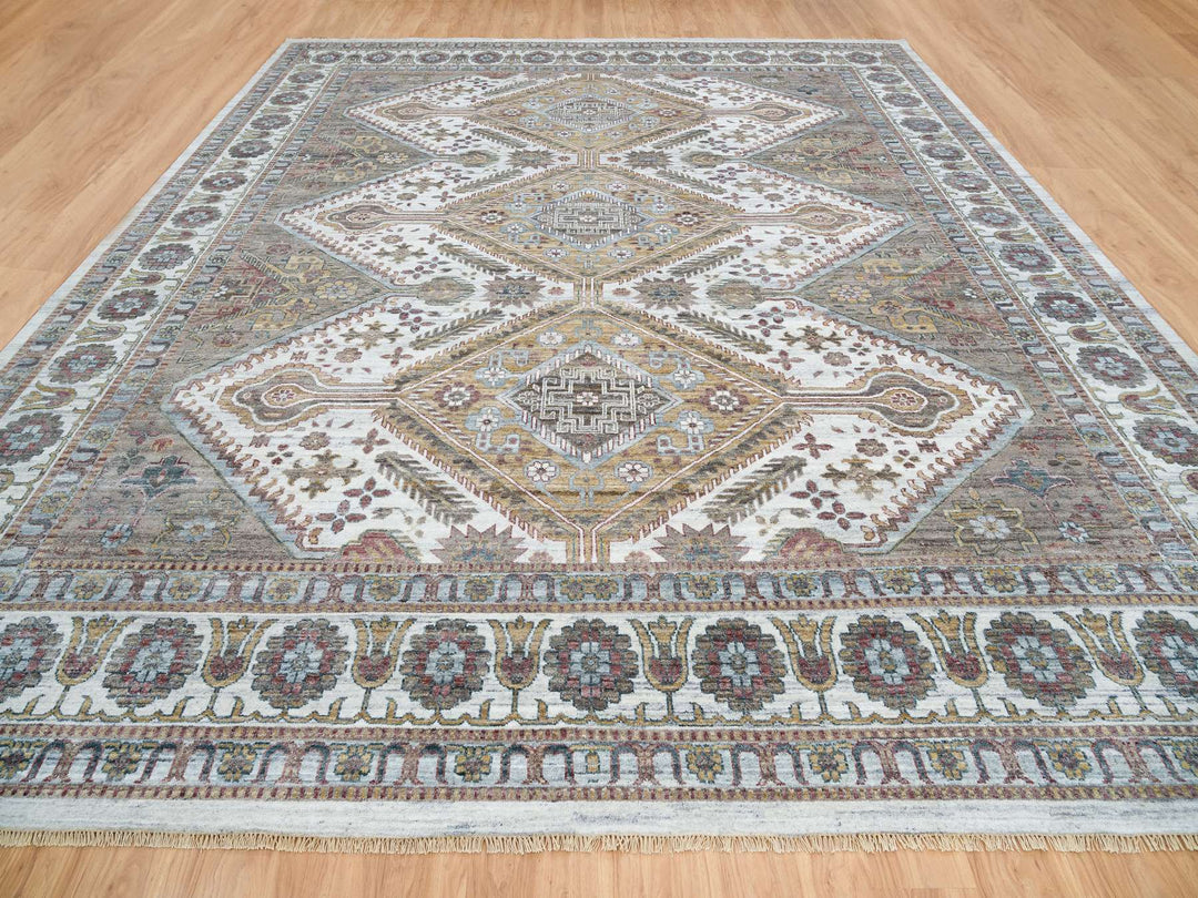 13'9" x 15'10" New Hand Knotted Ivory Wool Rectangle Oriental Rug - MOA10265622