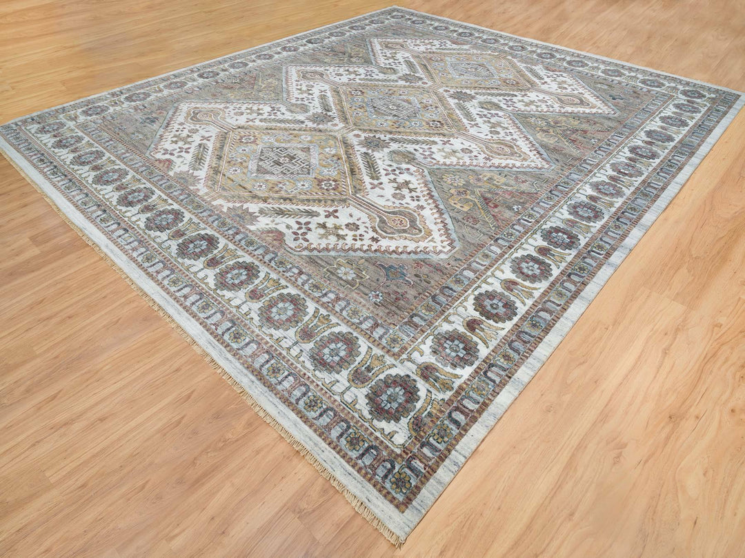 13'9" x 15'10" New Hand Knotted Ivory Wool Rectangle Oriental Rug - MOA10265622
