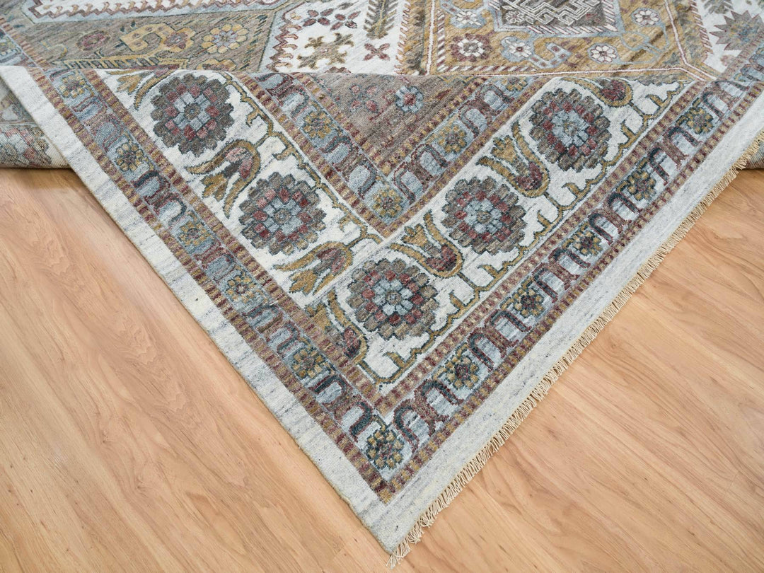 13'9" x 15'10" New Hand Knotted Ivory Wool Rectangle Oriental Rug - MOA10265622