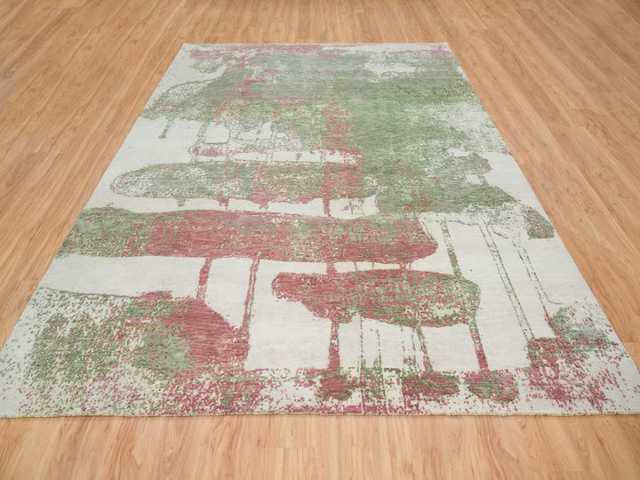 9'0" x 11'10" New Hand Knotted Green Wool Rectangle Oriental Rug - MOA10265623