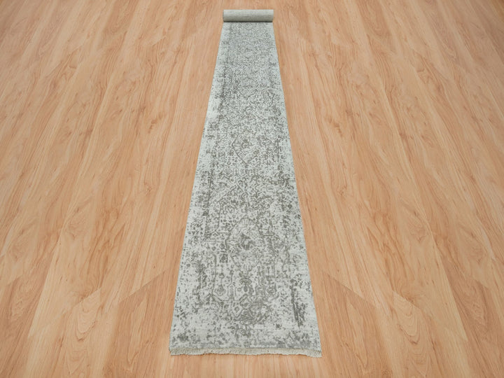 2'5" x 22'0" New Hand Knotted Grey Wool & Silk Runner Oriental Rug - MOA10265628
