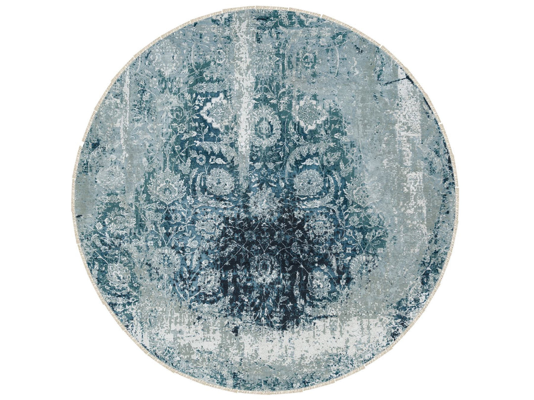 9'10" x 9'10" New Hand Knotted Blue Wool & Silk Round Oriental Rug - MOA10265630