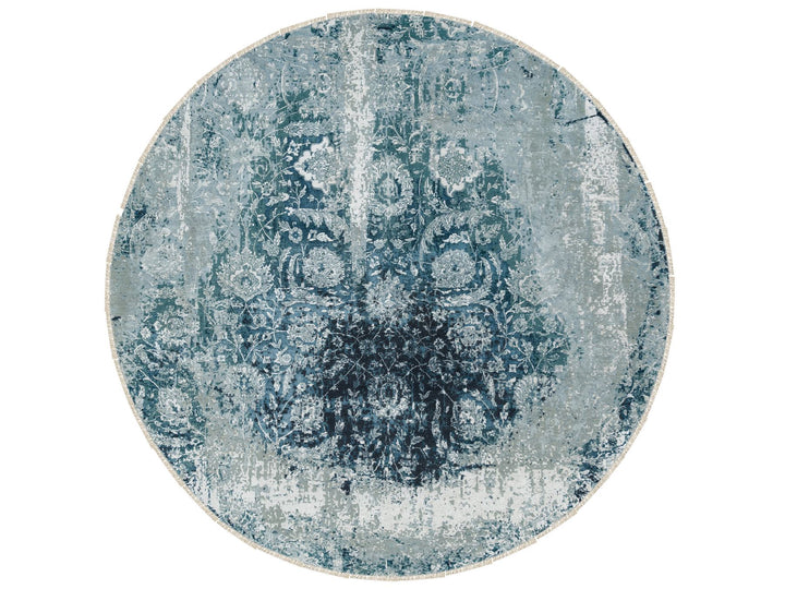 9'10" x 9'10" New Hand Knotted Blue Wool & Silk Round Oriental Rug - MOA10265630
