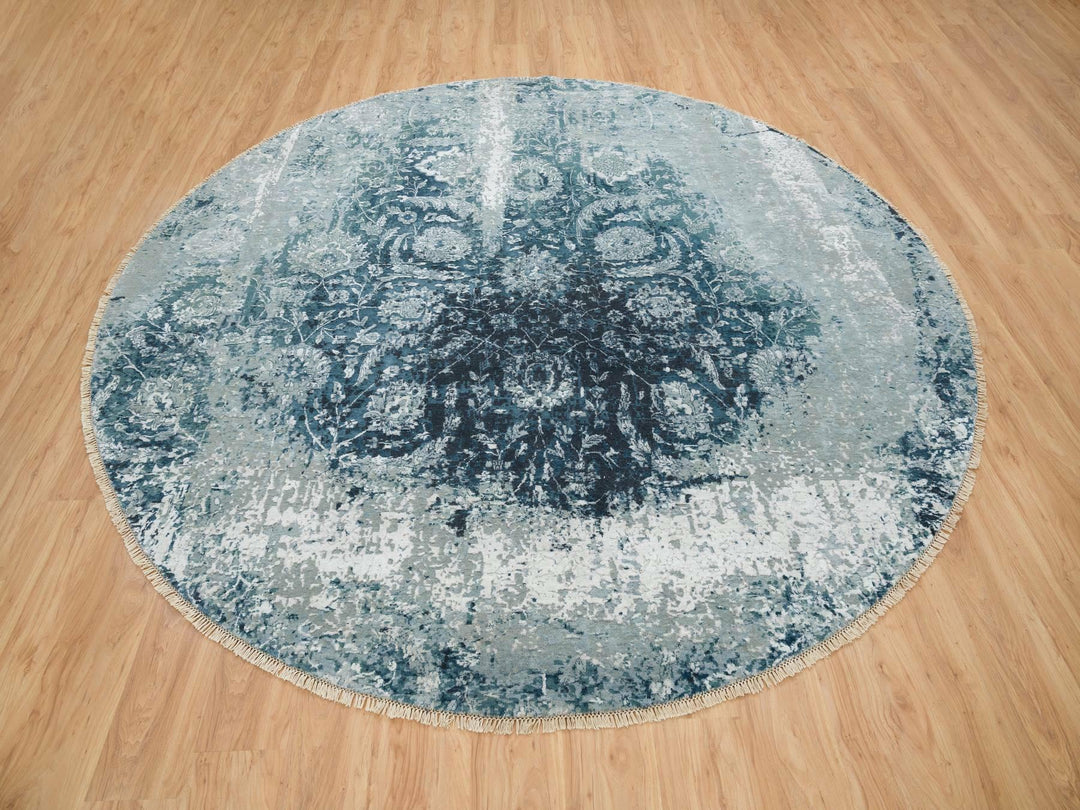 9'10" x 9'10" New Hand Knotted Blue Wool & Silk Round Oriental Rug - MOA10265630