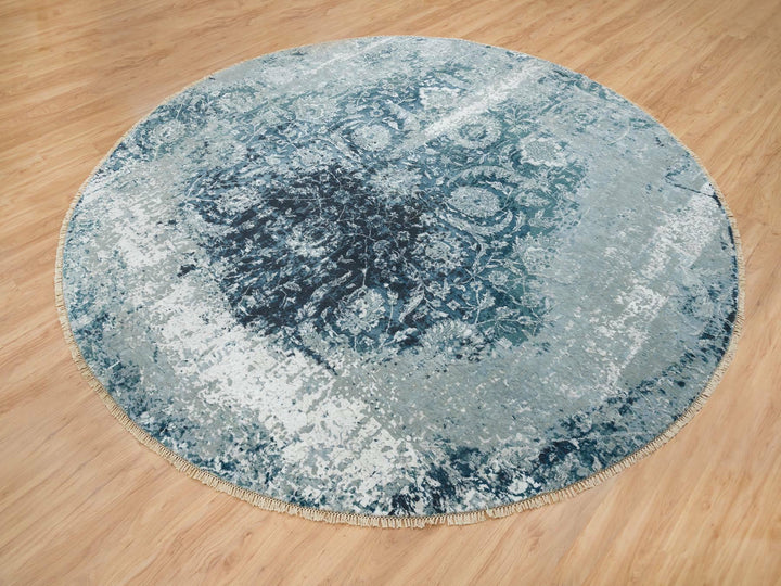 9'10" x 9'10" New Hand Knotted Blue Wool & Silk Round Oriental Rug - MOA10265630