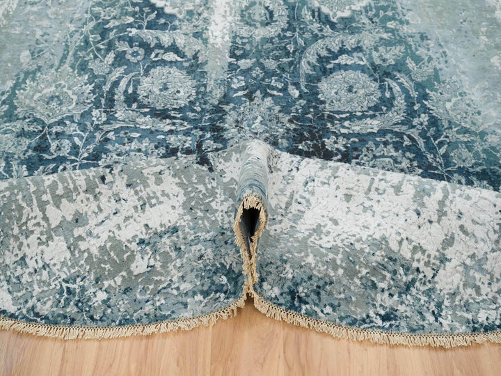 9'10" x 9'10" New Hand Knotted Blue Wool & Silk Round Oriental Rug - MOA10265630